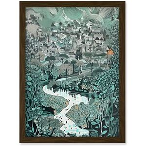 Artery8 Village Near River Forest Landscape Blue Linocut Artwork Framed A3 Wall Art Print Artery8 Village Near River Forest Landscape Blue Linocut Artwork Framed A3 Wall Art Print