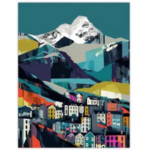 Wee Blue Coo Life Beneath the Summit Colourful Artwork Townscape by Alpine Mountains Landscape Extra Large XL Wall Art Poster Print Wee Blue Coo Life Beneath the Summit Colourful Artwork Townscape by Alpine Mountains Landscape Extra Large XL Wall Art Poster Print