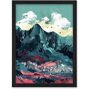 Artery8 - Town Cliff Artwork Coral Teal - Framed - Wall Art Artery8 - Town Cliff Artwork Coral Teal - Framed - Wall Art