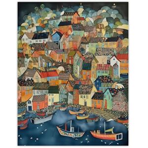Wee Blue Coo Seaside Town Port Folk Art Watercolour Painting Colourful Coastal Townscape Extra Large XL Wall Art Poster Print Wee Blue Coo Seaside Town Port Folk Art Watercolour Painting Colourful Coastal Townscape Extra Large XL Wall Art Poster Print