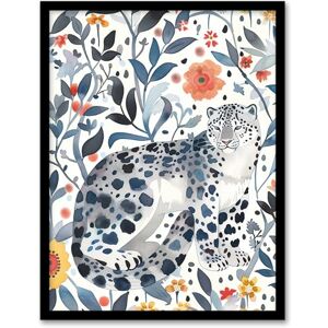 Artery8 Snow Leopard Blue Orange Floral Watercolour Living Room Artwork Framed Wall Art Print A4 Artery8 Snow Leopard Blue Orange Floral Watercolour Living Room Artwork Framed Wall Art Print A4