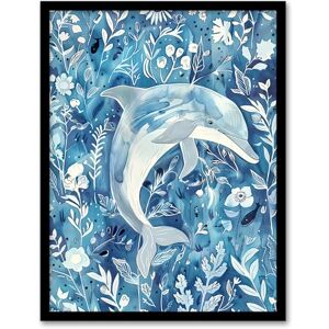 Artery8 Dolphin in Blue Floral Pattern Watercolour Living Room Artwork Framed Wall Art Print A4 Artery8 Dolphin in Blue Floral Pattern Watercolour Living Room Artwork Framed Wall Art Print A4