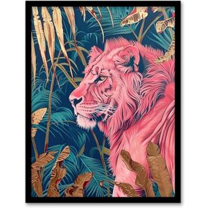 Artery8 Regal Pink Lion in Teal Blue Gold Tropical Jungle Living Room Artwork Framed Wall Art Print A4 Artery8 Regal Pink Lion in Teal Blue Gold Tropical Jungle Living Room Artwork Framed Wall Art Print A4