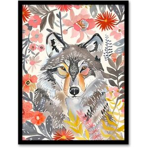 Artery8 Grey Wolf Pink Floral Watercolour Animal Portrait Living Room Artwork Framed Wall Art Print A4 Artery8 Grey Wolf Pink Floral Watercolour Animal Portrait Living Room Artwork Framed Wall Art Print A4
