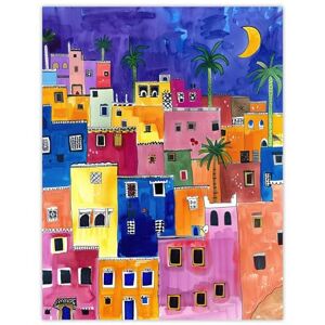 Artery8 Colourful Moroccan Cityscape At Night Watercolour Living Room Extra Large XL Wall Art Poster Print Artery8 Colourful Moroccan Cityscape At Night Watercolour Living Room Extra Large XL Wall Art Poster Print