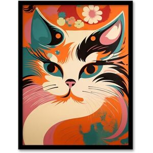 Artery8 Cat Graphic 1960s Painting Orange Blue Teal Pink Floral Retro Boho Animal Portrait Artwork Framed Wall Art Print A4 Artery8 Cat Graphic 1960s Painting Orange Blue Teal Pink Floral Retro Boho Animal Portrait Artwork Framed Wall Art Print A4