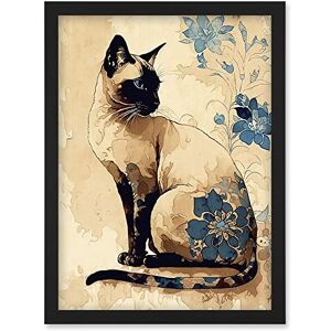 Artery8 Siamese Cat with Blue Flowers Watercolour and Ink Modern Illustration Artwork Framed Wall Art Print A4 Artery8 Siamese Cat with Blue Flowers Watercolour and Ink Modern Illustration Artwork Framed Wall Art Print A4