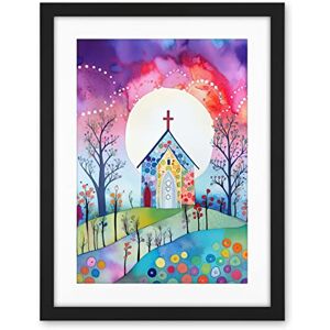 Artery8 Countryside Chapel In Full Moon Spring Night Folk Art Watercolour Painting Artwork Framed Wall Art Print 18X24 Inch Artery8 Countryside Chapel In Full Moon Spring Night Folk Art Watercolour Painting Artwork Framed Wall Art Print 18X24 Inch