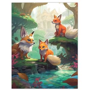 Artery8 Three Kitsune Fox Spirits Painting Orange Pink Green Blue Playful Mythical Creatures Perched By River in Lush Forest Landscape Extra Large XL Wall Art Poster Print Artery8 Three Kitsune Fox Spirits Painting Orange Pink Green Blue Playful Mythical Creatures Perched By River in Lush Forest Landscape Extra Large XL Wall Art Poster Print
