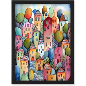 Artery8 Village On The Hill Cobble Streets Folk Art Artwork Framed Wall Art Print A4 Artery8 Village On The Hill Cobble Streets Folk Art Artwork Framed Wall Art Print A4