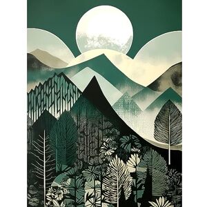 Artery8 Full Moon Over Mountain Forest Linocut Mid Century Sage Green Moonlit Landscape Extra Large XL Wall Art Poster Print Artery8 Full Moon Over Mountain Forest Linocut Mid Century Sage Green Moonlit Landscape Extra Large XL Wall Art Poster Print