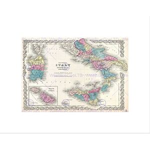 Wee Blue Coo Beautiful 1855 First Edition Colton Map Southern Italy Wall Art Print Wee Blue Coo Beautiful 1855 First Edition Colton Map Southern Italy Wall Art Print