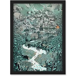 Artery8 Village Near River Forest Landscape Blue Linocut Artwork Framed A3 Wall Art Print Artery8 Village Near River Forest Landscape Blue Linocut Artwork Framed A3 Wall Art Print