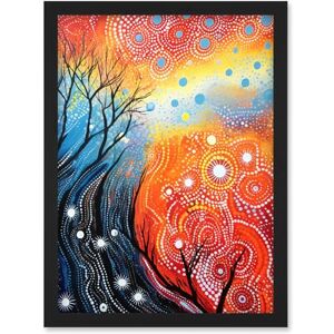 Artery8 Contemporary Aboriginal Artwork in Blue and Orange Vibrant Abstract Forest Trees and Stars Artwork Framed Wall Art Print A4 Artery8 Contemporary Aboriginal Artwork in Blue and Orange Vibrant Abstract Forest Trees and Stars Artwork Framed Wall Art Print A4