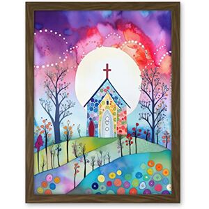 Artery8 Countryside Chapel In Full Moon Spring Night Folk Art Watercolour Painting Artwork Framed Wall Art Print 18X24 Inch Artery8 Countryside Chapel In Full Moon Spring Night Folk Art Watercolour Painting Artwork Framed Wall Art Print 18X24 Inch