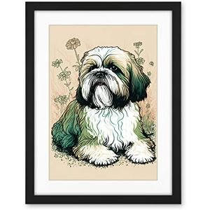 Artery8 Shih Tzu Dog with Daisies Modern Multicoloured Linocut Illustration Artwork Framed Wall Art Print 18X24 Inch Artery8 Shih Tzu Dog with Daisies Modern Multicoloured Linocut Illustration Artwork Framed Wall Art Print 18X24 Inch