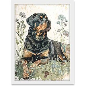 Artery8 Rottweiler Dog Lying in Wildflowers Bright Watercolour Illustration Artwork Framed A3 Wall Art Print Artery8 Rottweiler Dog Lying in Wildflowers Bright Watercolour Illustration Artwork Framed A3 Wall Art Print