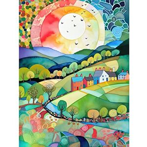 Artery8 Rural Landscape English Countryside Sunrise Folk Art Watercolour Painting Extra Large XL Wall Art Poster Print Artery8 Rural Landscape English Countryside Sunrise Folk Art Watercolour Painting Extra Large XL Wall Art Poster Print
