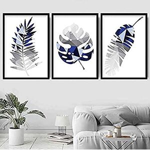 Artze Wall Art Geometric Tropical Leaves Art Prints 3-Piece Set, 30 cm Width x 40 cm Height, Navy Blue/ Grey Artze Wall Art Geometric Tropical Leaves Art Prints 3-Piece Set, 30 cm Width x 40 cm Height, Navy Blue/ Grey