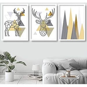 Artze Wall Art Geometric Triangles and Poly Line Stag with Mountains Art Print 3-Piece Set, 30 cm Width x 40 cm Height, Yellow/Grey Artze Wall Art Geometric Triangles and Poly Line Stag with Mountains Art Print 3-Piece Set, 30 cm Width x 40 cm Height, Yellow/Grey