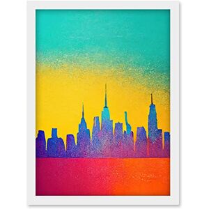 Wee Blue Coo Bright Colourful Abstract New York Skyline Cityscape Yellow Blue Coral Turquoise Artwork Framed Wall Art Print A4 Wee Blue Coo Bright Colourful Abstract New York Skyline Cityscape Yellow Blue Coral Turquoise Artwork Framed Wall Art Print A4