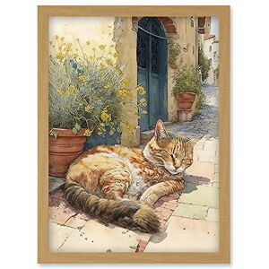 Artery8 Cat Sunbathing in Mediterranean Village Street Watercolour Illustration Artwork Framed Wall Art Print A4 Artery8 Cat Sunbathing in Mediterranean Village Street Watercolour Illustration Artwork Framed Wall Art Print A4