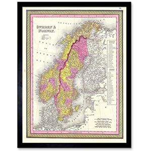 Wee Blue Coo 1850 Mitchell Map Sweden And Norway Vintage Art Print Framed Poster Wall Decor 12X16 Inch Wee Blue Coo 1850 Mitchell Map Sweden And Norway Vintage Art Print Framed Poster Wall Decor 12X16 Inch