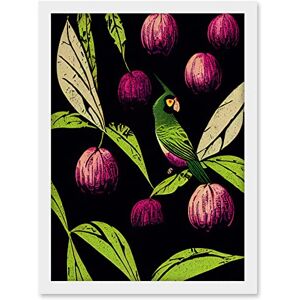 Wee Blue Coo Parrot in Tree Fruit Bright Green and Purple Black Colour Linocut Illustration Modern Vintage Artwork Framed A3 Wall Art Print Wee Blue Coo Parrot in Tree Fruit Bright Green and Purple Black Colour Linocut Illustration Modern Vintage Artwork Framed A3 Wall Art Print