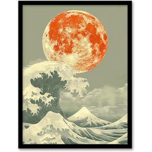 Artery8 Bright Orange Moon Over Ocean Waves Japanese Edo Living Room Bathroom Artwork Framed Wall Art Print A4 Artery8 Bright Orange Moon Over Ocean Waves Japanese Edo Living Room Bathroom Artwork Framed Wall Art Print A4