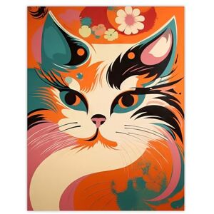 Artery8 Cat Graphic 1960s Painting Orange Blue Teal Pink Floral Retro Boho Animal Portrait Extra Large XL Wall Art Poster Print Artery8 Cat Graphic 1960s Painting Orange Blue Teal Pink Floral Retro Boho Animal Portrait Extra Large XL Wall Art Poster Print