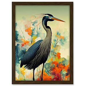 Wee Blue Coo Heron Bird in Abstract Flower Field Colourful Teal Orange Navy Illustration Artwork Framed A3 Wall Art Print Wee Blue Coo Heron Bird in Abstract Flower Field Colourful Teal Orange Navy Illustration Artwork Framed A3 Wall Art Print