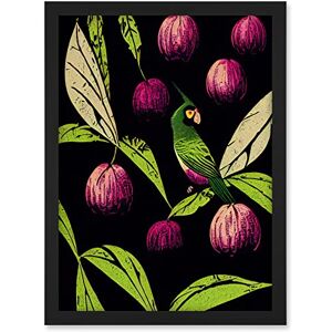 Wee Blue Coo Parrot in Tree Fruit Bright Green and Purple Black Colour Linocut Illustration Modern Vintage Artwork Framed A3 Wall Art Print Wee Blue Coo Parrot in Tree Fruit Bright Green and Purple Black Colour Linocut Illustration Modern Vintage Artwork Framed A3 Wall Art Print
