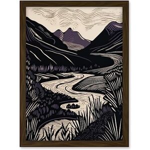 Artery8 Mountain River Landscape Purple and Black Linocut Artwork Framed A3 Wall Art Print Artery8 Mountain River Landscape Purple and Black Linocut Artwork Framed A3 Wall Art Print