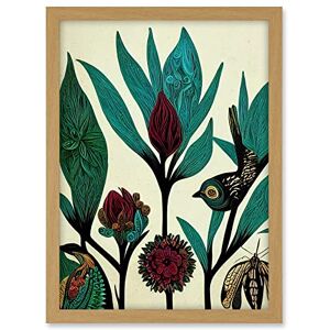 Wee Blue Coo Abstract Folk Art Leaves Flowers Birds Vintage Style Green Burgundy Cream Black Artwork Framed A3 Wall Art Print Wee Blue Coo Abstract Folk Art Leaves Flowers Birds Vintage Style Green Burgundy Cream Black Artwork Framed A3 Wall Art Print