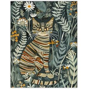 Artery8 Striped Cat in Floral Botanical Garden Folk Art Living Room Extra Large XL Wall Art Poster Print Artery8 Striped Cat in Floral Botanical Garden Folk Art Living Room Extra Large XL Wall Art Poster Print