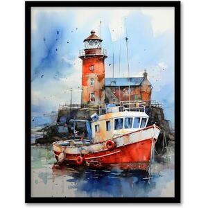 Artery8 Scottish Harbour Fishing Boats Lighthouse Modern Watercolour Artwork Blue And Red Artwork Framed Wall Art Print A4 Artery8 Scottish Harbour Fishing Boats Lighthouse Modern Watercolour Artwork Blue And Red Artwork Framed Wall Art Print A4