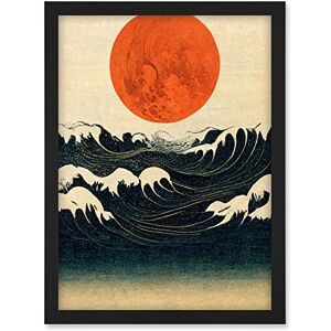 Doppelganger33 LTD Minimalist Large Orange Moon Over Ocean Waves Ukiyo-e Style Artwork Framed A3 Wall Art Print Doppelganger33 LTD Minimalist Large Orange Moon Over Ocean Waves Ukiyo-e Style Artwork Framed A3 Wall Art Print