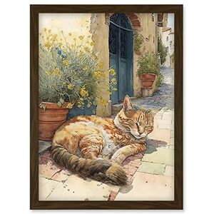 Artery8 Cat Sunbathing in Mediterranean Village Street Watercolour Illustration Artwork Framed Wall Art Print A4 Artery8 Cat Sunbathing in Mediterranean Village Street Watercolour Illustration Artwork Framed Wall Art Print A4