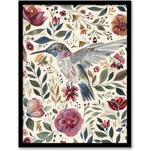 Artery8 Hummingbird with Rustic Flower Pattern Muted Tones Living Room Artwork Framed Wall Art Print A4 Artery8 Hummingbird with Rustic Flower Pattern Muted Tones Living Room Artwork Framed Wall Art Print A4