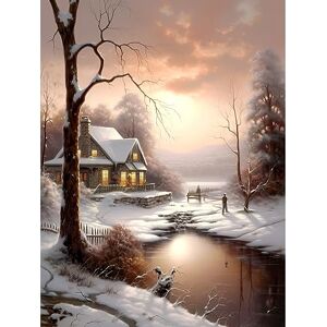 Artery8 Winter Cottage Landscape Oil Painting Snow Lake Sunset Snowy Trees Extra Large XL Wall Art Poster Print Artery8 Winter Cottage Landscape Oil Painting Snow Lake Sunset Snowy Trees Extra Large XL Wall Art Poster Print