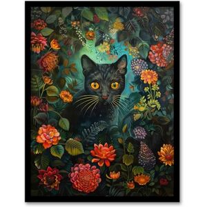Artery8 Black Cat in Exotic Flower Garden Floral Portrait For Living Room Artwork Framed Wall Art Print A4 Artery8 Black Cat in Exotic Flower Garden Floral Portrait For Living Room Artwork Framed Wall Art Print A4
