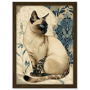 Artery8 Siamese Cat with Blue Flower Pattern Modern Art Nouveau Watercolour Illustration Artwork Framed A3 Wall Art Print Artery8 Siamese Cat with Blue Flower Pattern Modern Art Nouveau Watercolour Illustration Artwork Framed A3 Wall Art Print