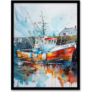 Artery8 Fishing Boat Harbour Watercolour Classic Coastal Living Room Artwork Framed Wall Art Print A4 Artery8 Fishing Boat Harbour Watercolour Classic Coastal Living Room Artwork Framed Wall Art Print A4