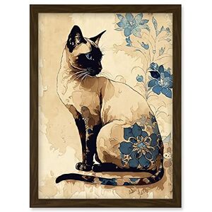 Artery8 Siamese Cat with Blue Flowers Watercolour and Ink Modern Illustration Artwork Framed Wall Art Print A4 Artery8 Siamese Cat with Blue Flowers Watercolour and Ink Modern Illustration Artwork Framed Wall Art Print A4