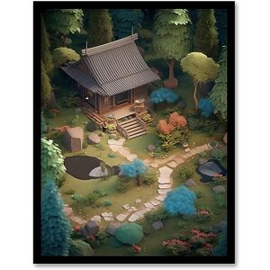 Artery8 Zen Garden Painting Birds-eye View of Shrubs and Ponds in Serene Japanese Yard with Tea House Artwork Framed Wall Art Print A4 Artery8 Zen Garden Painting Birds-eye View of Shrubs and Ponds in Serene Japanese Yard with Tea House Artwork Framed Wall Art Print A4