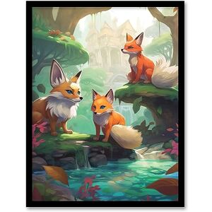 Artery8 Three Kitsune Fox Spirits Painting Orange Pink Green Blue Playful Mythical Creatures Perched By River in Lush Forest Landscape Artwork Framed Wall Art Print 18X24 Inch Artery8 Three Kitsune Fox Spirits Painting Orange Pink Green Blue Playful Mythical Creatures Perched By River in Lush Forest Landscape Artwork Framed Wall Art Print 18X24 Inch
