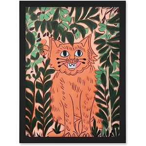 Artery8 Ginger Orange Tabby Cat in Plants Modern Folk Art Artwork Framed Wall Art Print A4 Artery8 Ginger Orange Tabby Cat in Plants Modern Folk Art Artwork Framed Wall Art Print A4