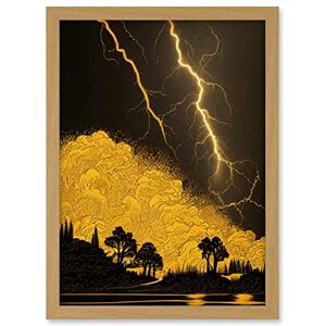 Wee Blue Coo Gold and Black Thunder Storm with Bright Lightning at Lakeside Tree Silhouette Artwork Framed A3 Wall Art Print Wee Blue Coo Gold and Black Thunder Storm with Bright Lightning at Lakeside Tree Silhouette Artwork Framed A3 Wall Art Print