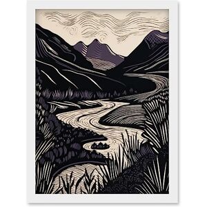 Artery8 Mountain River Landscape Purple and Black Linocut Artwork Framed Wall Art Print A4 Artery8 Mountain River Landscape Purple and Black Linocut Artwork Framed Wall Art Print A4