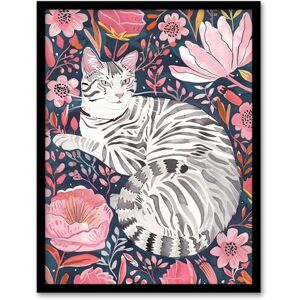 Artery8 Striped Cat Laying in Pink Wildflowers Watercolour Living Room Artwork Framed Wall Art Print 18X24 Inch Artery8 Striped Cat Laying in Pink Wildflowers Watercolour Living Room Artwork Framed Wall Art Print 18X24 Inch